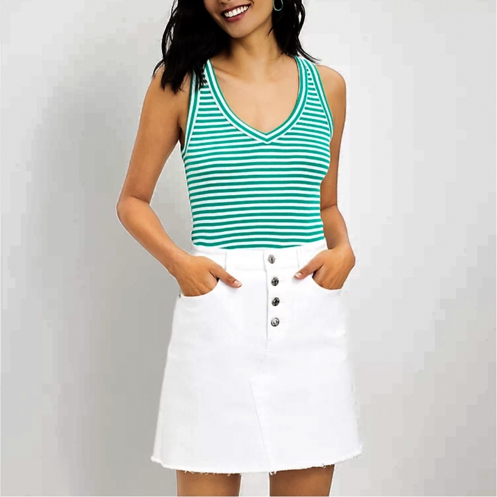 LOFT Frayed Button-Front Denim Skirt in White